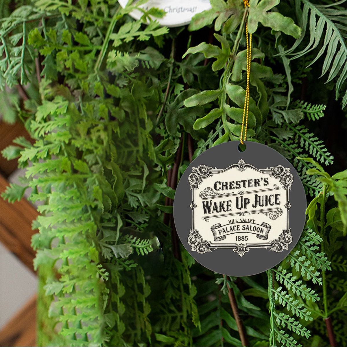 Chester's Wake Up Juice Wooden Christmas Tree Ornament Decor, Round Holiday Decoration